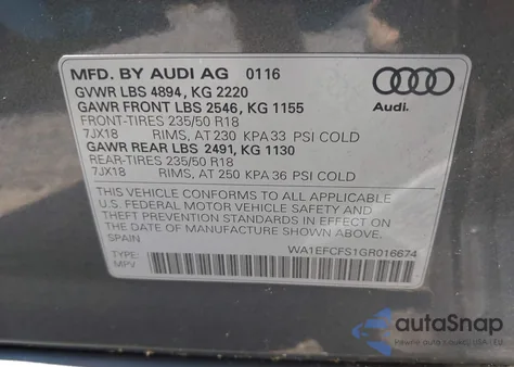 2016 Audi Q3 Premium Plus из США, поврежденный, VIN WA1EFCFS1GR016674